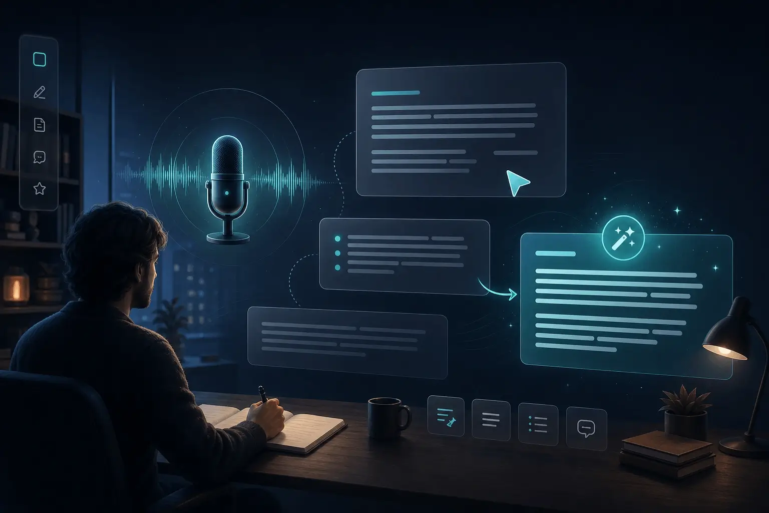 Reporter transcribing spoken interview notes