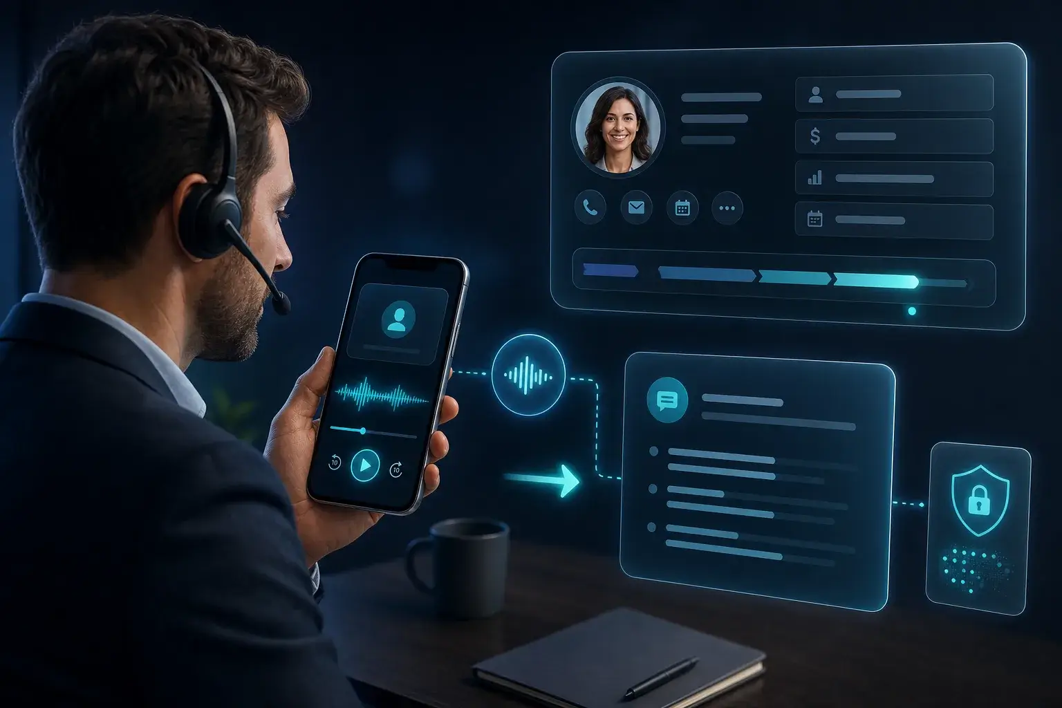 Sales rep reviewing voicemail transcript